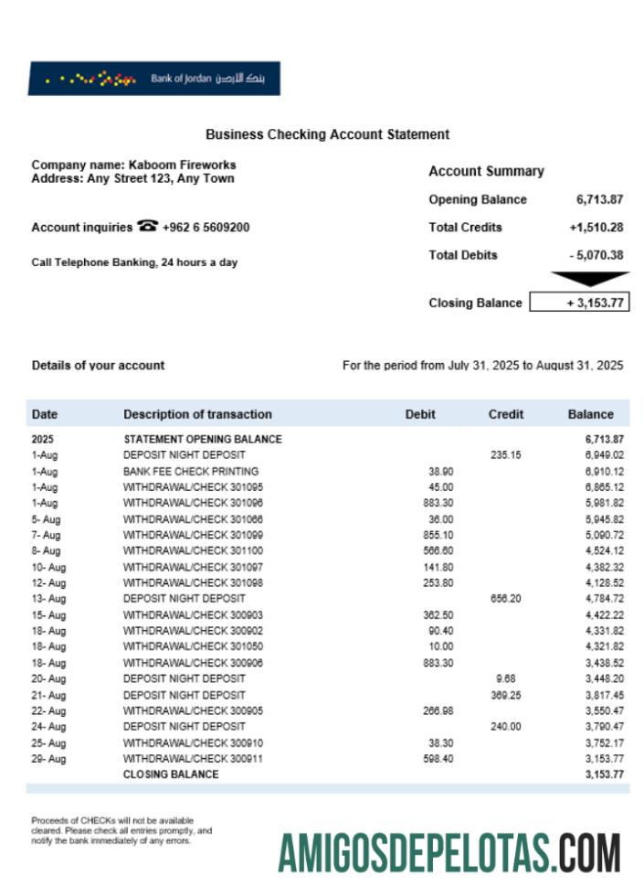 Imprimível Bank Of Jordan Firm modelo de extrato de conta Word e PDF